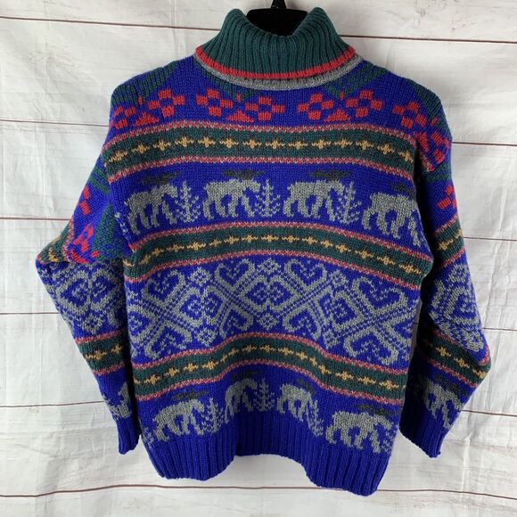 Eddie Bauer Sweater Pullover Vintage Wool turtleneck Deer Animals Geometric Aran - Picture 3 of 16